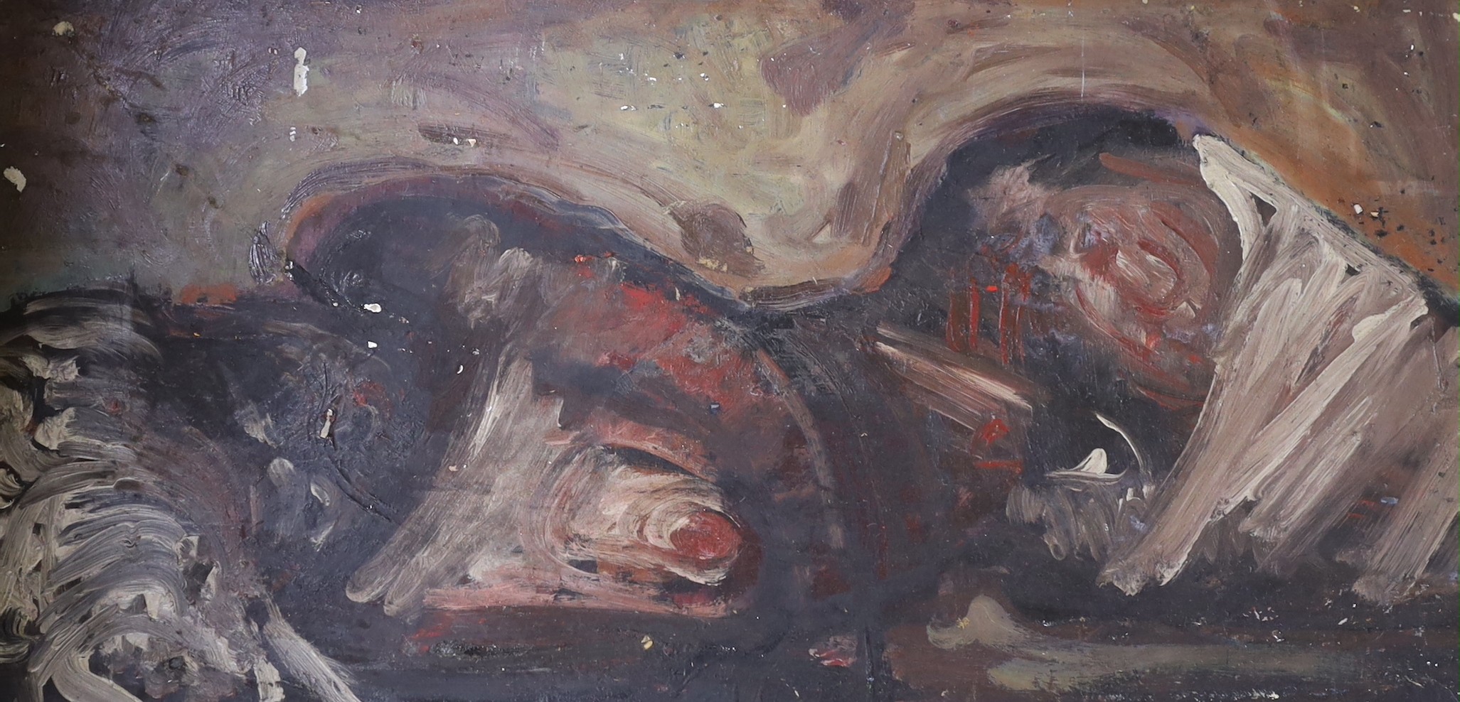 Harry Horace Sayce, oil on board, 'Becoming', inscribed verso with John Moores Liverpool Exhibition label verso, 43 x 85cm, unframed